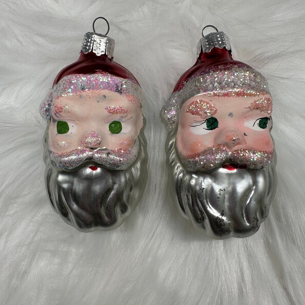Vintage Mercury Glass Santa Head Ornaments Set of 2 Glitter Christmas Kitsch